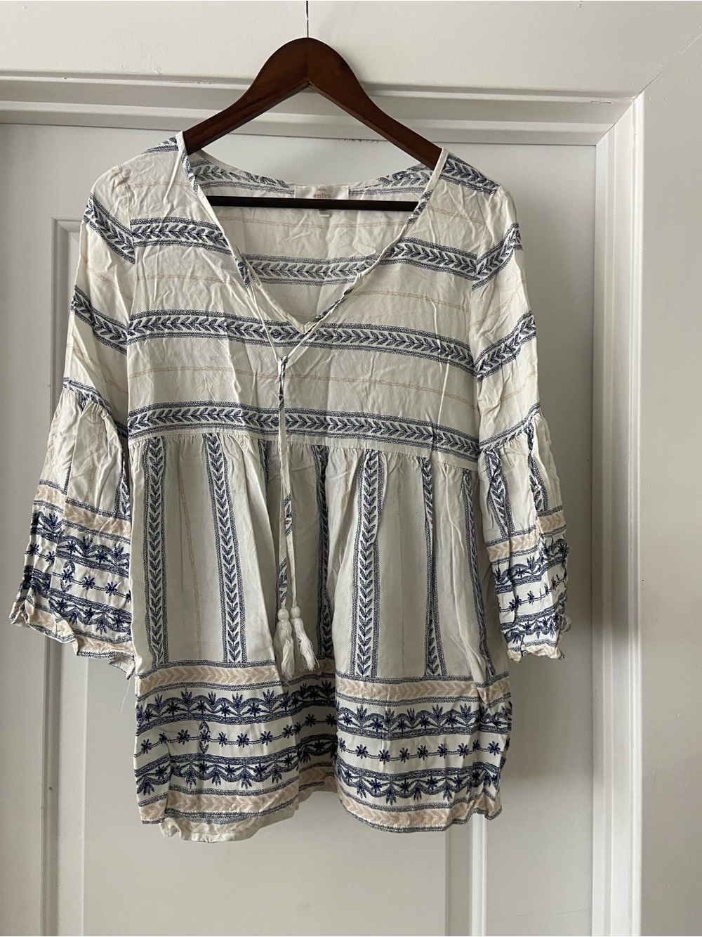 Entro Boho Peasant Top - Cream with Navy Trim - Picture 2 of 6